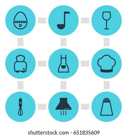 Vector Illustration Of 9 Cooking Icons. Editable Pack Of Soup Spoon , Handmixer, Pepper Container Elements.