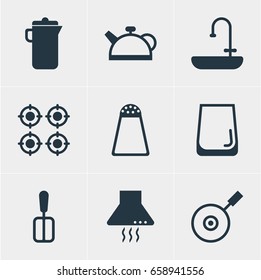 Vector Illustration Of 9 Cooking Icons. Editable Pack Of Furnace, Extractor Appliance, Teakettle And Other Elements.