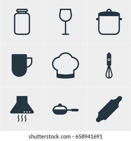 Vector Illustration Of 9 Cooking Icons. Editable Pack Of Extractor Appliance, Handmixer, Chef Hat Elements.