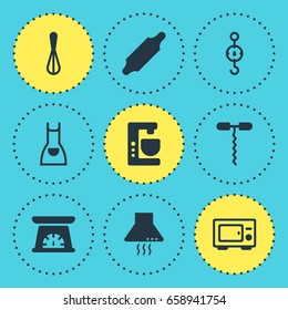 Vector Illustration Of 9 Cooking Icons. Editable Pack Of Measuring Tool, Bakery Roller, Extractor Appliance And Other Elements.