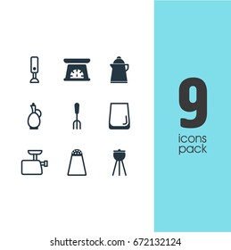 Vector Illustration Of 9 Cooking Icons. Editable Pack Of Fork, Measuring Tool, Pepper Container And Other Elements.