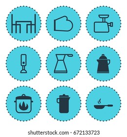 Vector Illustration Of 9 Cooking Icons. Editable Pack Of Dinner Table, Stewpot, Tea And Other Elements.