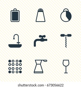 Vector Illustration Of 9 Cooking Icons. Editable Pack Of Faucet, Wine Opener, Timekeeper And Other Elements.