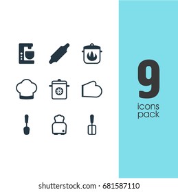 Vector Illustration Of 9 Cooking Icons. Editable Pack Of Cooking Spade, Stewpot, Chef Hat And Other Elements.