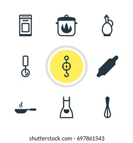 Vector Illustration Of 9 Cooking Icons. Editable Pack Of Round Slicer, Bakery Roller, Smock And Other Elements.