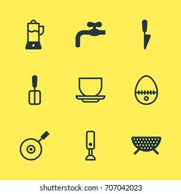 Vector Illustration Of 9 Cooking Icons. Editable Pack Of Kitchen Dagger, Faucet, Coffee Cup And Other Elements.