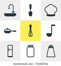 Vector Illustration Of 9 Cooking Icons. Editable Pack Of Washstand, Soup Spoon , Pepper Container Elements.