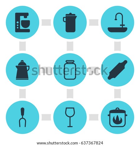 Vector Illustration Of 9 Cooking Icons. Editable Pack Of Washstand, Bakery Roller, Mixer Elements.