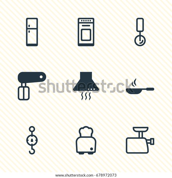 Vector Illustration Of 9\
Cooking Icons. Editable Pack Of Steelyard, Round Slicer, Oven And\
Other Elements.