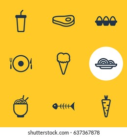 Vector Illustration Of 9 Cuisine Icons. Editable Pack Of Pasta, Veggie, Skeleton And Other Elements.