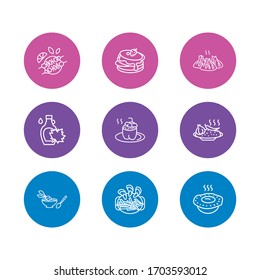 Ilustración vectorial de 9 iconos culinarios estilo línea. Conjunto editable de kebab azerí shish, pastel de carne australiana, comida y otros elementos íconos.
