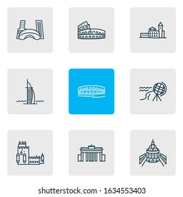 Vector illustration of 9 culture icons line style. Editable set of north cape, arena di verona, colosseum and other icon elements.