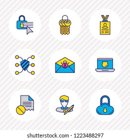 Vector illustration of 9 data icons colored line. Editable set of personal information, secure access, damaged file and other icon elements.