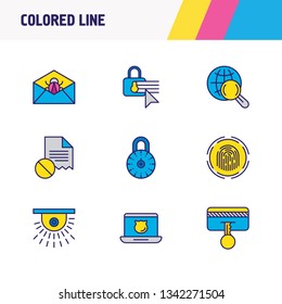 Vector illustration of 9 data icons colored line. Editable set of spam, damaged file, safe search and other icon elements.