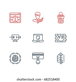 Vector Illustration Of 9 Data Icons. Editable Pack Of Safety Key, Browser Warning, Finger Identifier And Other Elements.