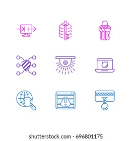 Vector Illustration Of 9 Data Icons. Editable Pack Of Camera, Safety Key, Encoder And Other Elements.