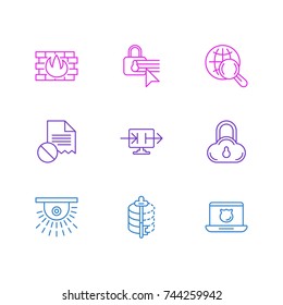 Vector Illustration Of 9 Data Icons. Editable Pack Of Camera, Network Protection, Encoder And Other Elements.
