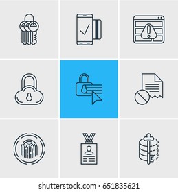 Vector Illustration Of 9 Data Protection Icons. Editable Pack Of Confidentiality Options, Browser Warning, Encoder And Other Elements.
