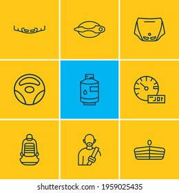Vector illustration of 9 details icons line style. Editable set of car trip meter, wheel rudder, driver seat and other icon elements.