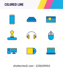 Vector illustration of 9 device icons colored line. Editable set of photo camera, headphones, joystick and other icon elements.