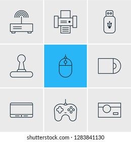 Vector illustration of 9 device icons line style. Editable set of joystick, router, printer and other icon elements.