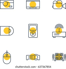 Vector Illustration Of 9 Device Icons. Editable Pack Of Media Controller, Dvd Drive, Floodlight And Other Elements.