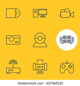 Vector Illustration Of 9 Device Icons. Editable Pack Of Photocopier, PC, Video Chat And Other Elements.