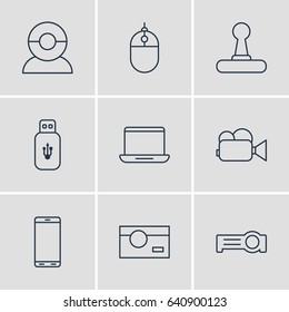 Vector Illustration Of 9 Device Icons. Editable Pack Of Floodlight, Camcorder, Photography And Other Elements.