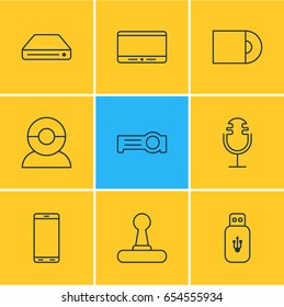 Vector Illustration Of 9 Device Icons. Editable Pack Of Memory Storage, Sound Recording, Floodlight And Other Elements.
