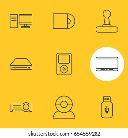 Vector Illustration Of 9 Device Icons. Editable Pack Of Video Chat, Floodlight, PC And Other Elements.