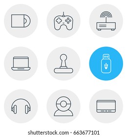 Vector Illustration Of 9 Device Icons. Editable Pack Of Computer, Monitor, Video Chat And Other Elements.