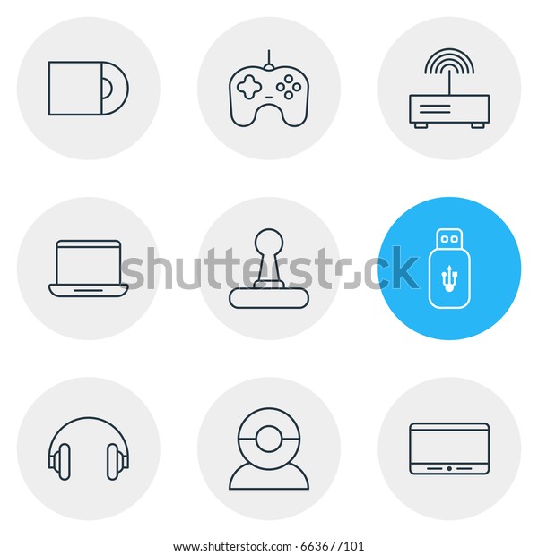 Vector Illustration Of 9\
Device Icons. Editable Pack Of Computer, Monitor, Video Chat And\
Other Elements.