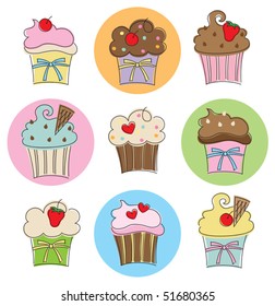 Vector illustration of 9 different cupcakes with chocolate, strawberry, vanilla and fancy toppings.