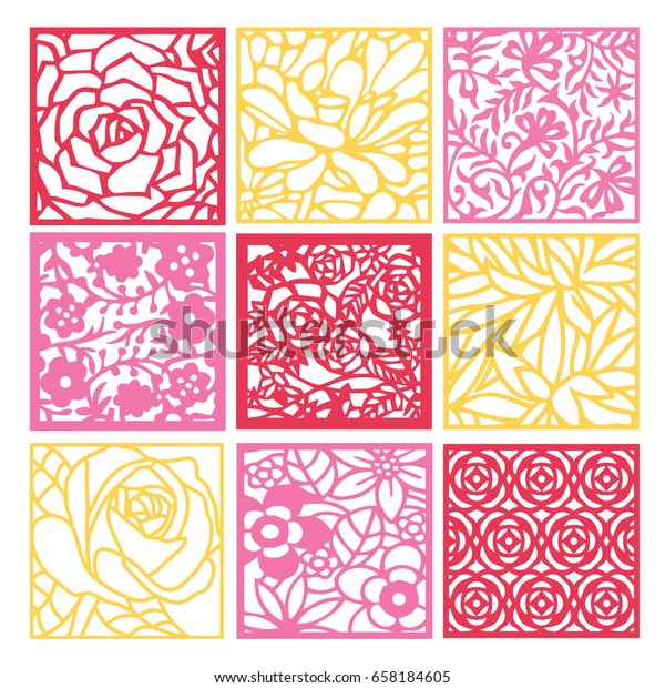 9種類の花柄のフレットワークラティス背景のベクターイラスト 紙のカットシルエットスタイルで設定 のベクター画像素材 ロイヤリティフリー