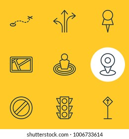 Vector illustration of 9 direction icons line style. Editable set of place, path, stoplight and other icon elements.