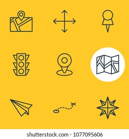 Vector illustration of 9 direction icons line style. Editable set of map, paper plane, pushpin and other icon elements.