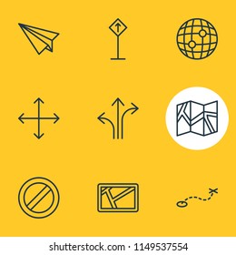 Vector illustration of 9 direction icons line style. Editable set of no entry, paper plane, globe and other icon elements.
