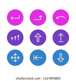 Vector illustration of 9 direction icons line style. Editable set of backspace, turn, upload and other icon elements.