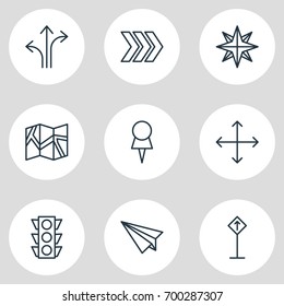 Vector Illustration Of 9 Direction Icons. Editable Pack Of Orientation, Stoplight, Navigation And Other Elements.