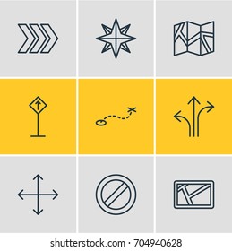 Vector Illustration Of 9 Direction Icons. Editable Pack Of Navigation, Paper Geography, Map And Other Elements.