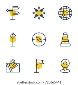 Vector Illustration Of 9 Direction Icons. Editable Pack Of Location, Caution, Pennant And Other Elements.