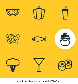 Vector Illustration Of 9 Dish Icons. Editable Pack Of Summer Fruit, Martini, Cotton And Other Elements.