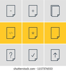Vector illustration of 9 document icons line style. Editable set of important, search, add and other icon elements.