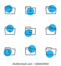 Vector illustration of 9 document icons line style. Editable set of checked, dossier, remove and other icon elements.
