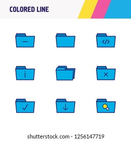 Vector illustration of 9 document icons colored line. Editable set of remove folder, download, document case and other icon elements.