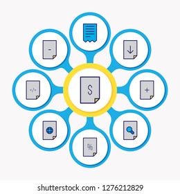 Vector illustration of 9 document icons colored line. Editable set of remove file, corrupted file, download and other icon elements.