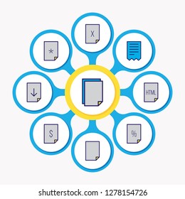 Vector illustration of 9 document icons colored line. Editable set of delete file, download, contract and other icon elements.