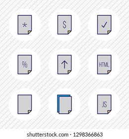 Vector illustration of 9 document icons colored line. Editable set of important file, empty page, upload and other icon elements.