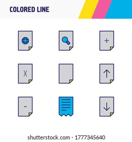 Vector illustration of 9 document icons colored line. Editable set of delete file, magnifying, remove file and other icon elements.
