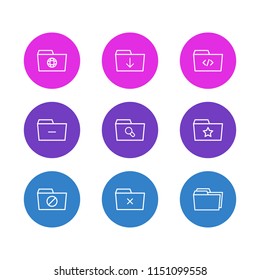 Vector illustration of 9 dossier icons line style. Editable set of search, code, download and other icon elements.